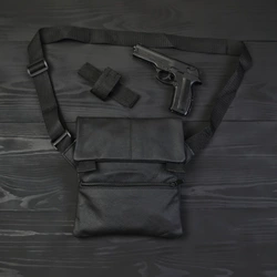 Тактическая кожаная сумка с кобурой, мужской мессенджер, барсетка - черный слинг
