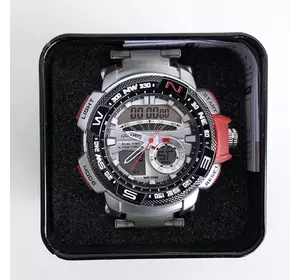 Часы наручные QUAMER в коробке, браслет карбон, dual time, waterproof с красными вставками